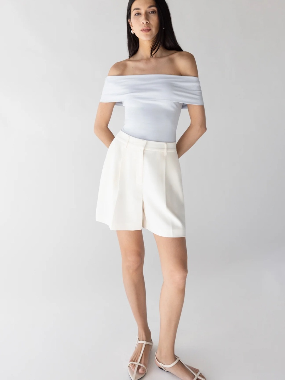 OAK + FORT Cream High-Waist Pleated Tailored Shorts
